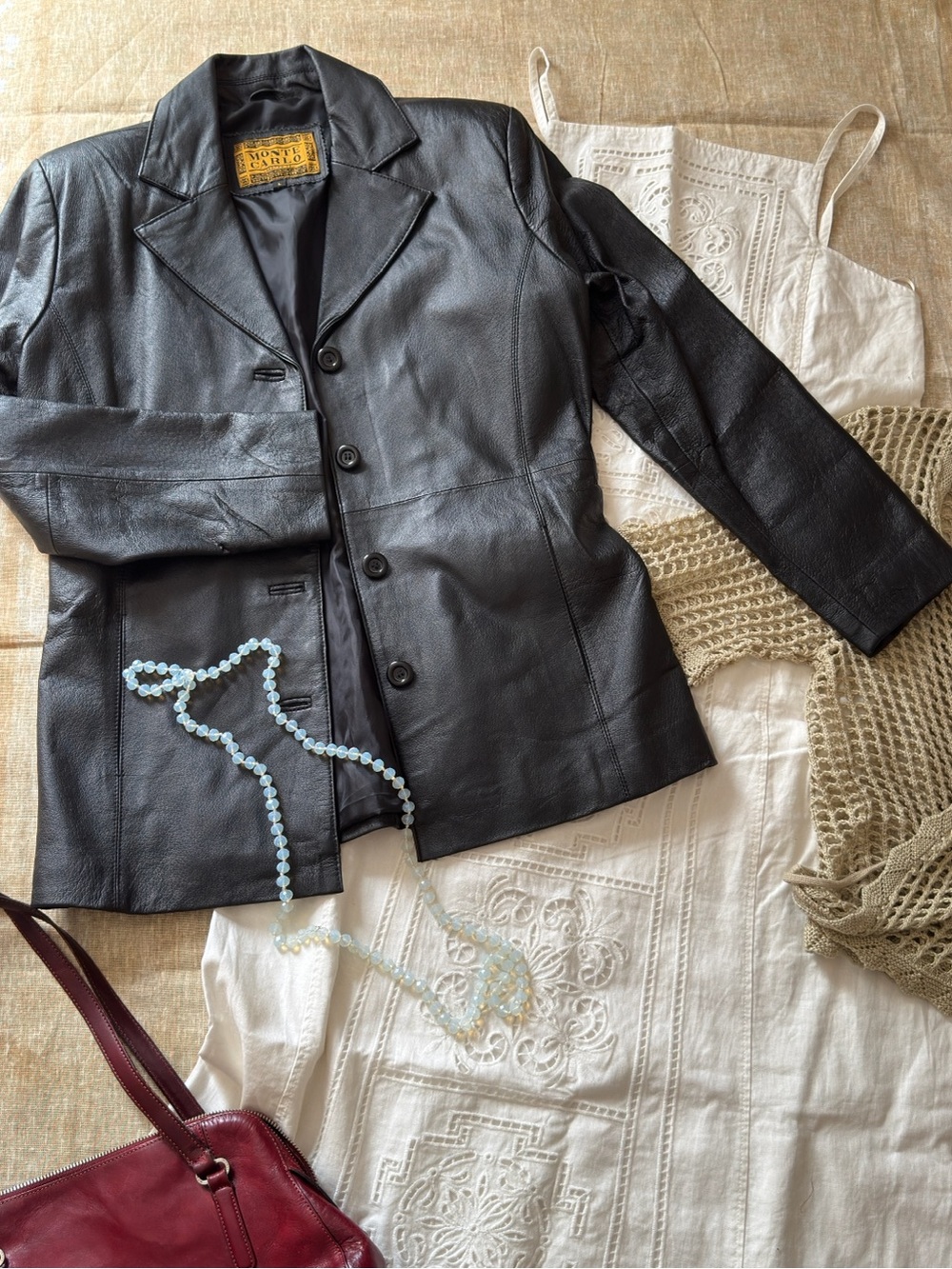 Vintage  Black Leather Jacket Classic Button Front